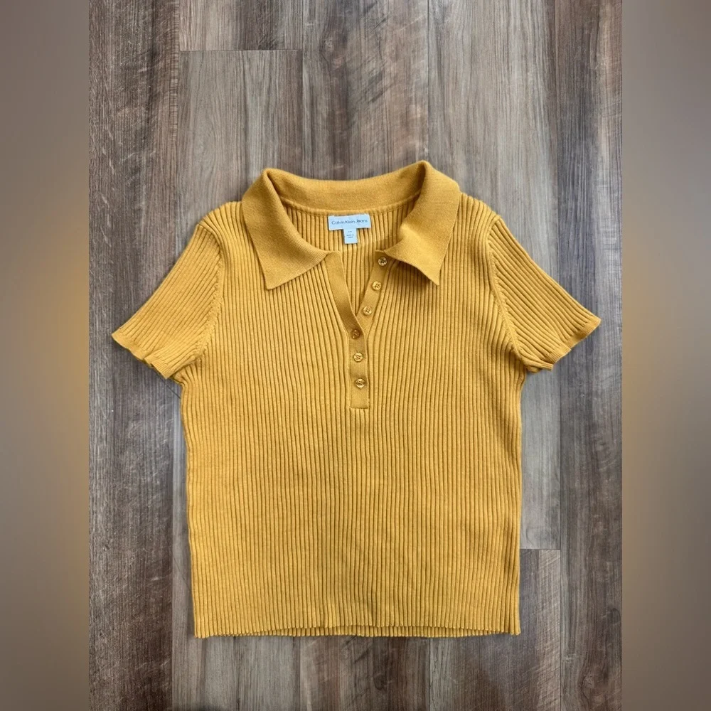 Calvin Klein Yellow Ribbed Button Polo Shirt - Picture 9 of 10